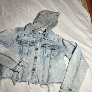 Women's Distressed Denim Crop Raw Hem Jacket - Gray - Size L